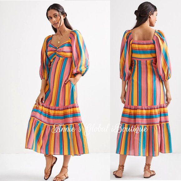 RARE NWT ANTHROPOLOGIE FARM RIO Rainbow Striped Flounced Midi Dress. Size L - Picture 12 of 16